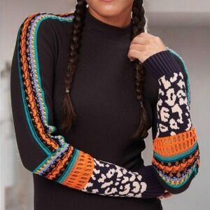 Free People Switch It Up Thermal Top Womens Small Black Crochet Multicolor